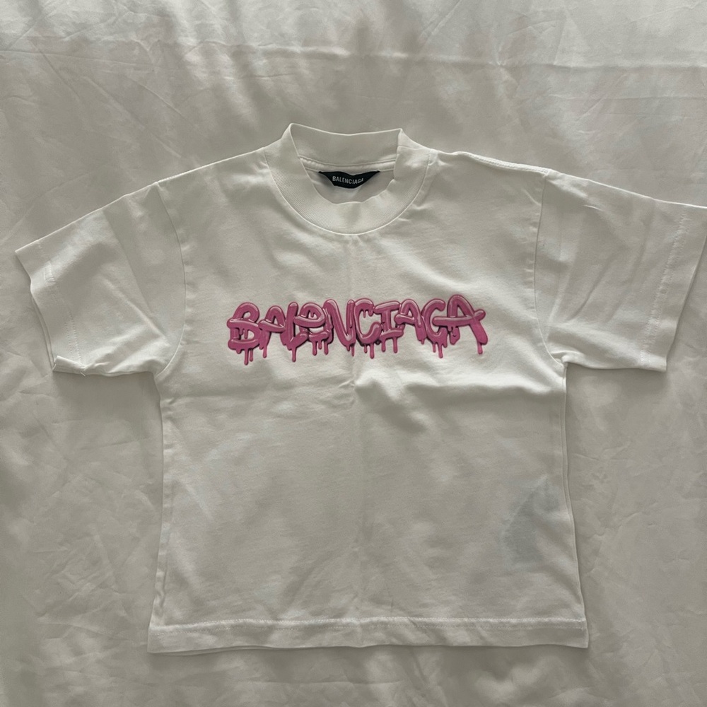 Balenciaga Kids White Tee with Pink Logo